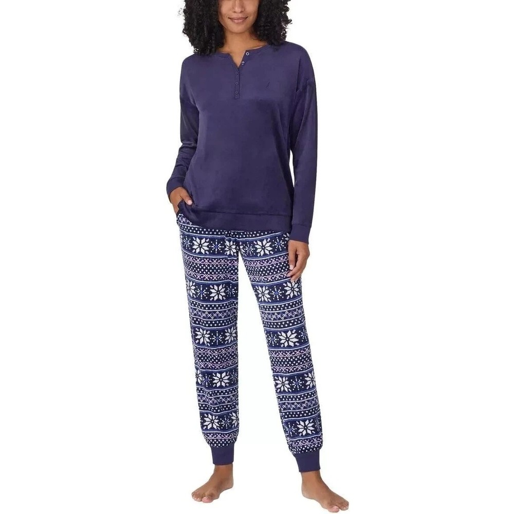 NWT Nautica Women's XL Navy Blue Silky Stretch Fleece Pajama Set Polyester